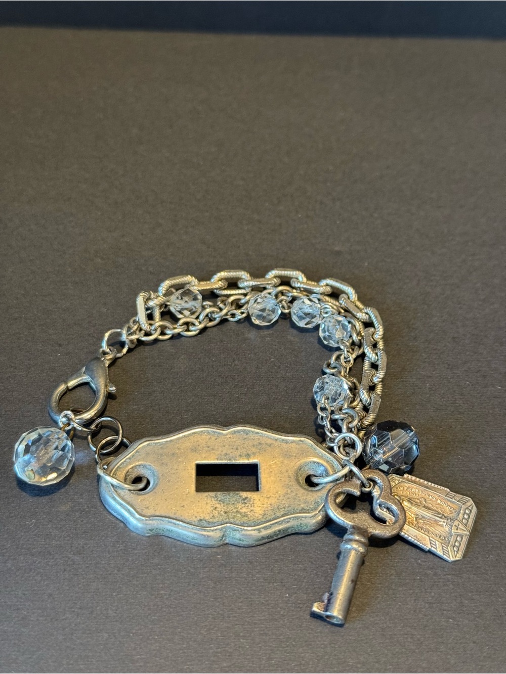 Vintage-Inspired Bracelet With Keyhole Plate, Key and Crystals Size 7”